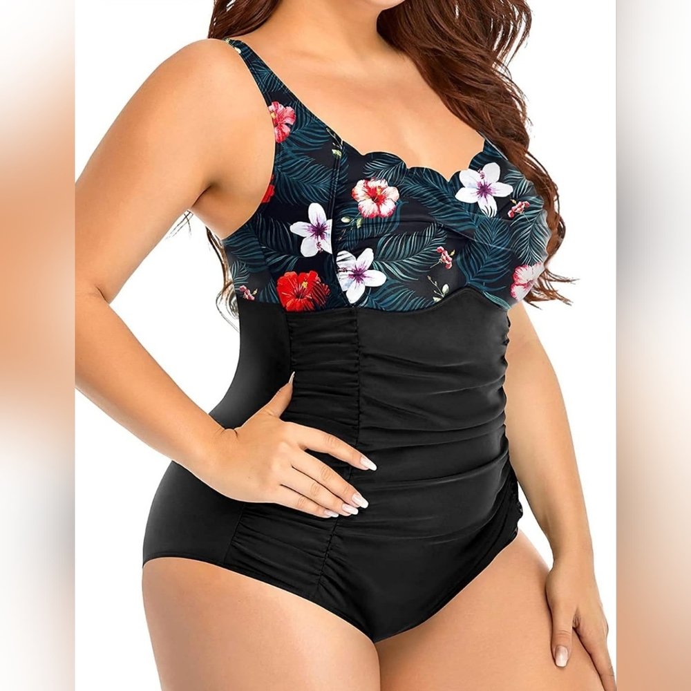 Women Plus Size Swimsuits One Piece Tummy Control Bathing Suits Retro Scalloped - Picture 3 of 6